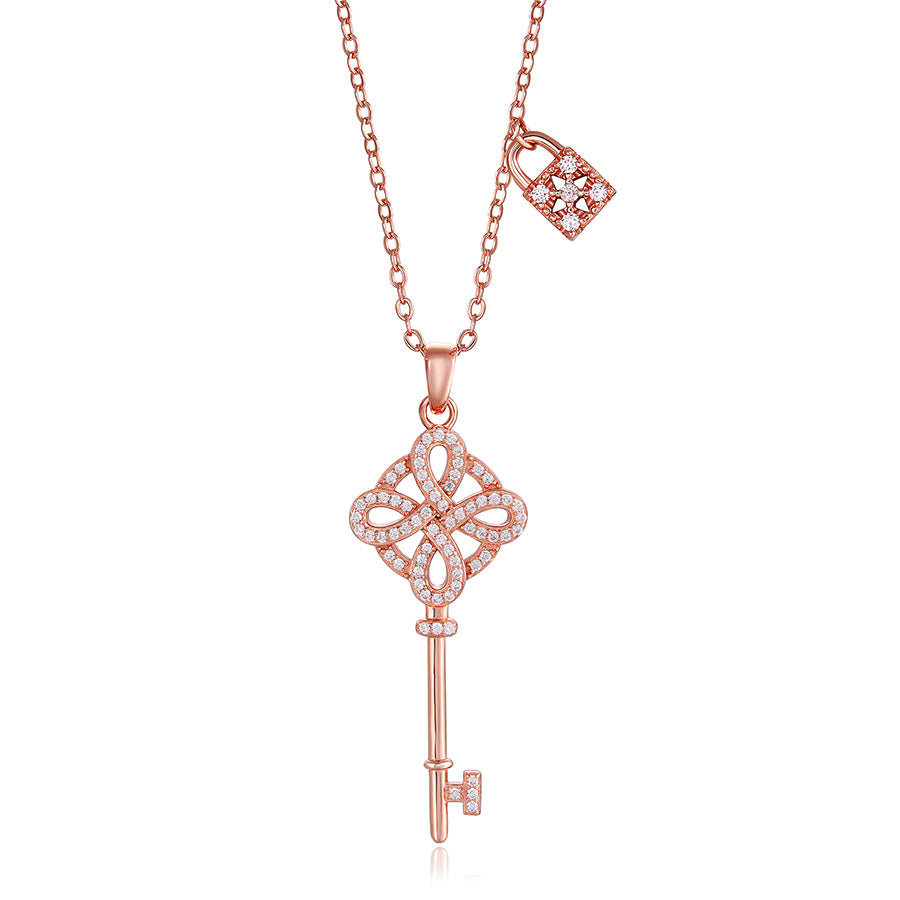 925 Sterling Silver Key Pendant Necklace Set with Zirconia For WomenJewelry