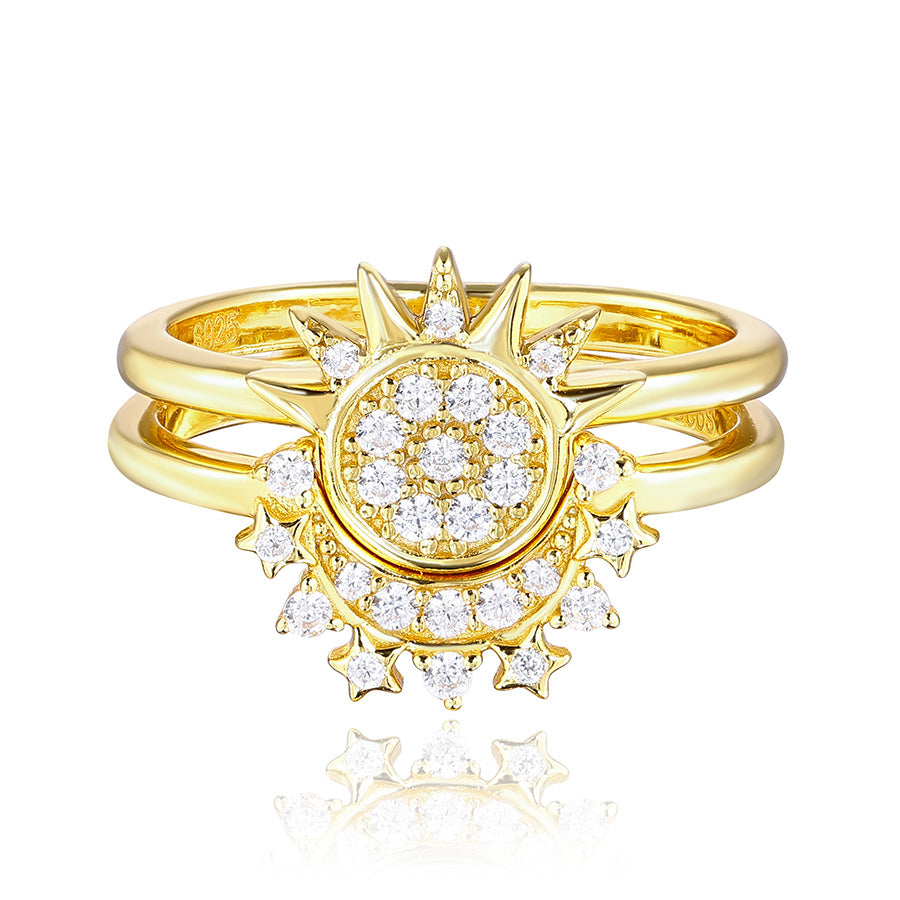Celestial Sun & Moon Two-Piece Ring Set in 925 Sterling Silver with Cubic Zirconia
