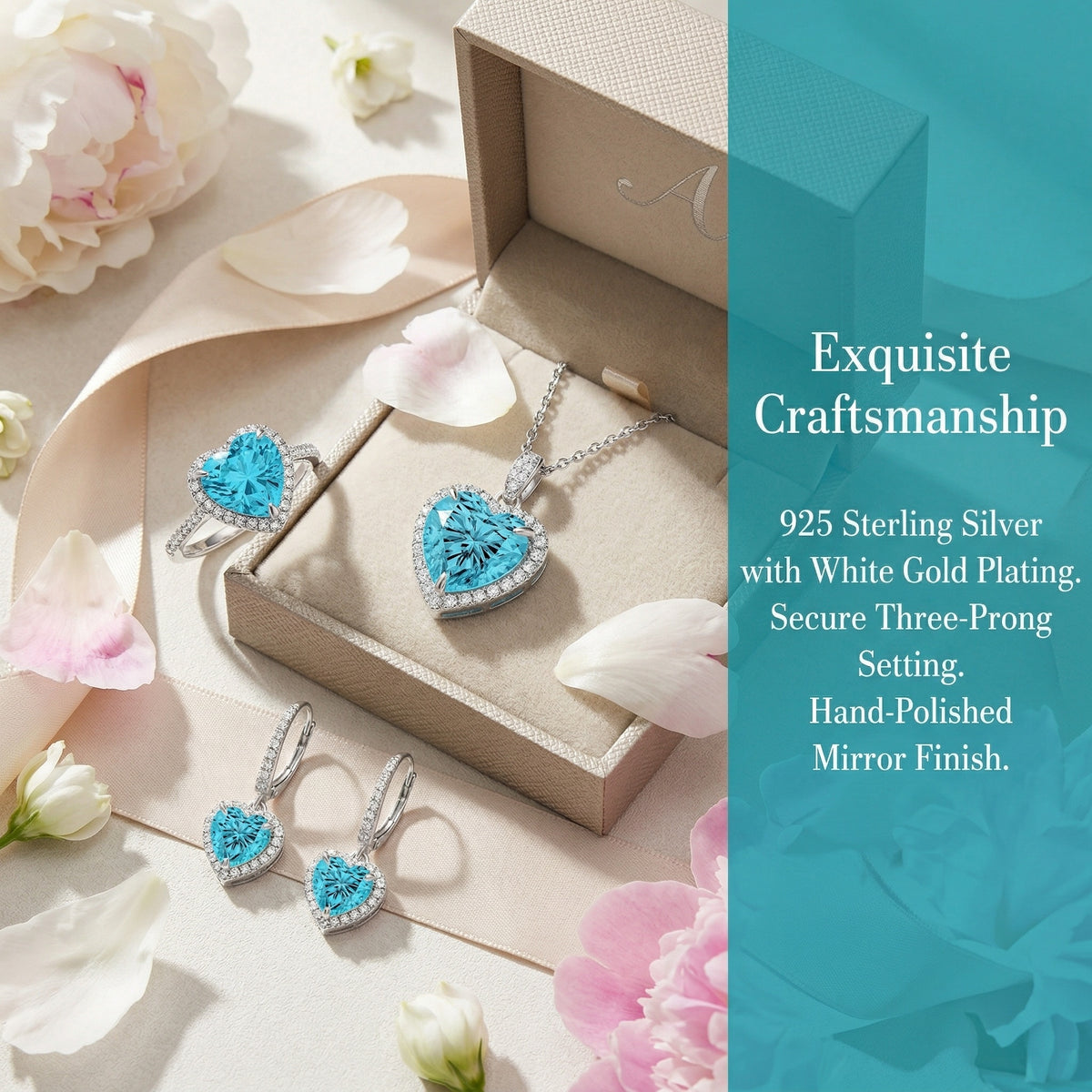 Luxury 925 Sterling Silver Blue Heart CZ Jewelry Set – Sparkling Heart Necklace, Earrings & Ring