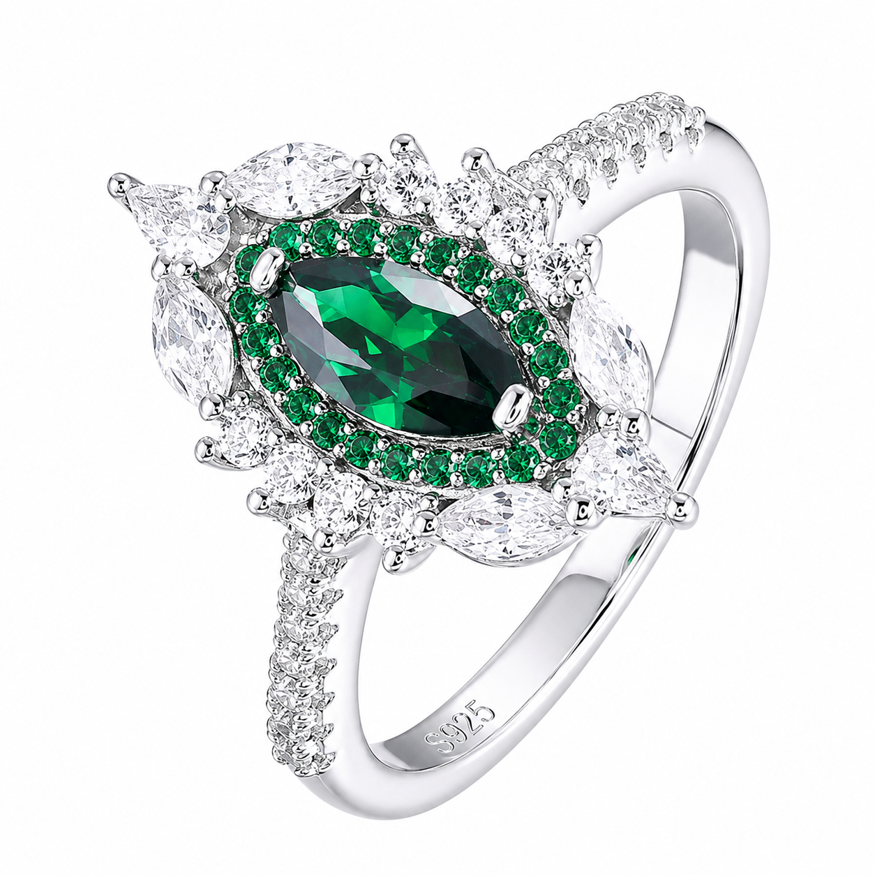 Marquise Cut Green Zircon Statement Ring | 925 Sterling Silver Women’s Vintage Halo Ring
