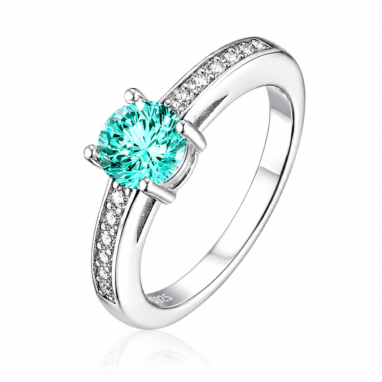 925 Sterling Silver Round Cut Multi-Color Zircon Solitaire Ring, Paved Side Stone Promise Engagement Ring for Women