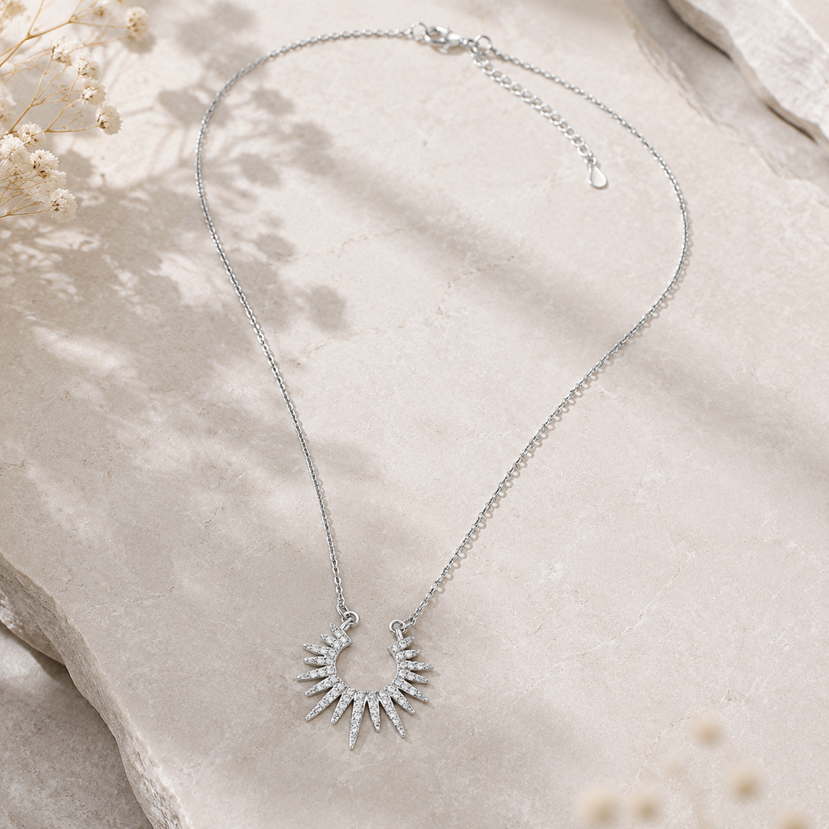 925 Sterling Silver Sunburst Necklace with Cubic Zirconia – Celestial Radiance Pendant Jewelry