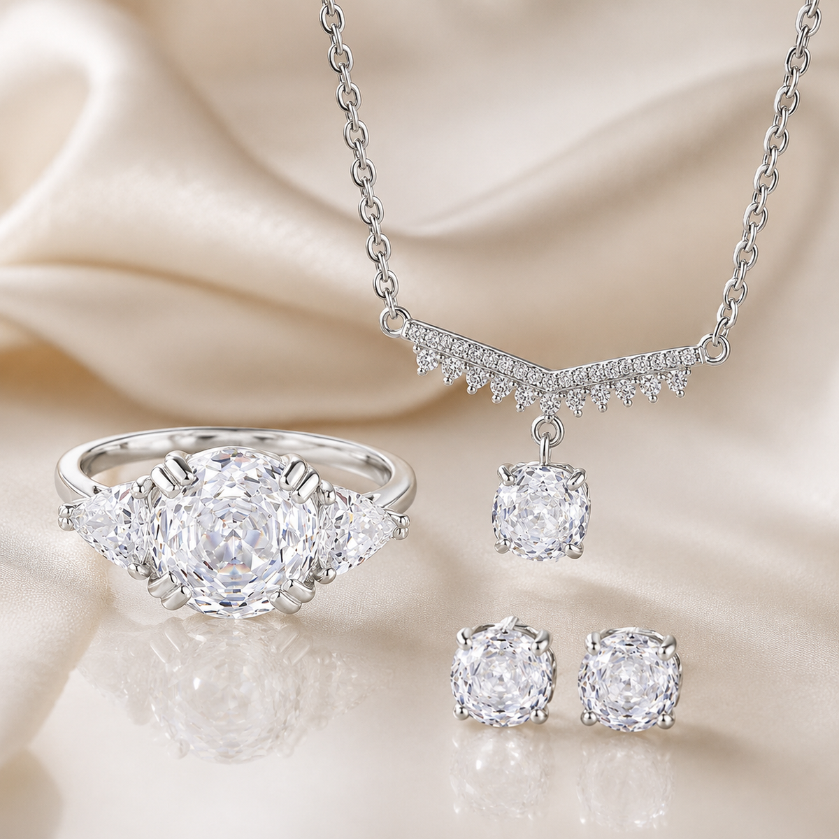 925 Sterling Silver Rose-Cut CZ 3-Piece Jewelry Set – Cushion Solitaire Ring, V-Bar Necklace & Stud Earrings