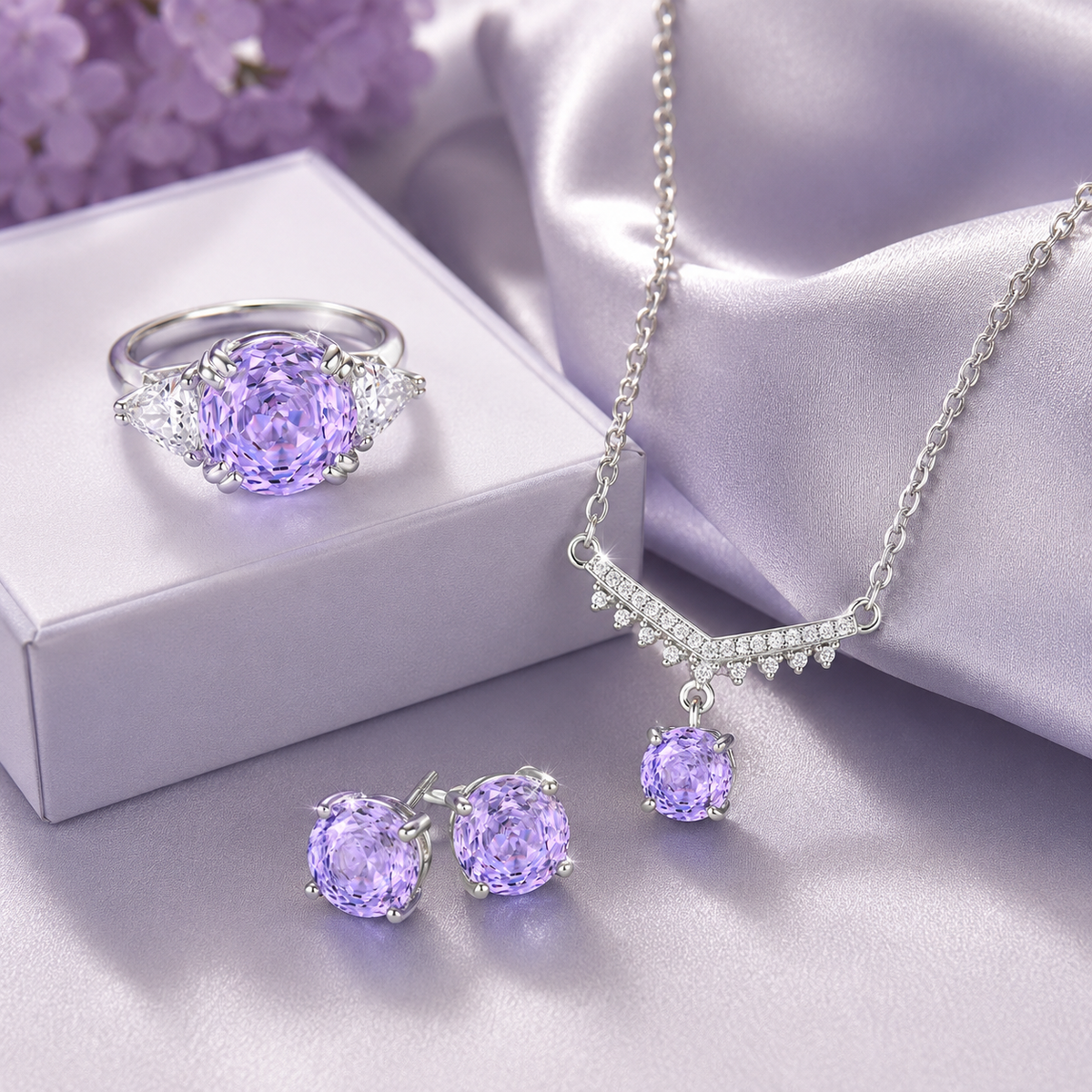 925 Sterling Silver Lavender Cubic Zirconia Jewelry Set with Necklace Ring and Stud Earrings