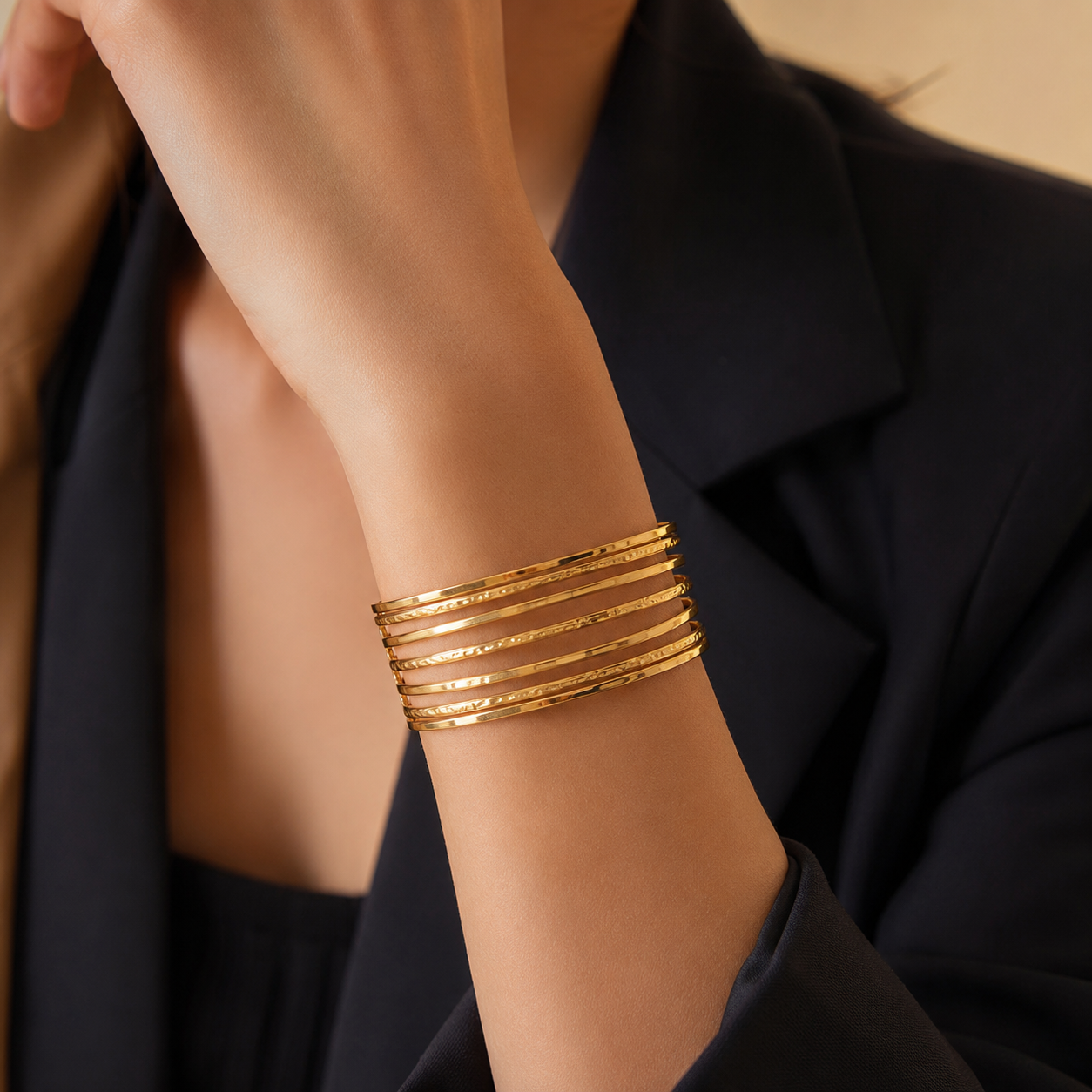 Waterproof Hypoallergenic 18K Gold Plated Stainless Steel Layered Cuff Bracelet Bangle