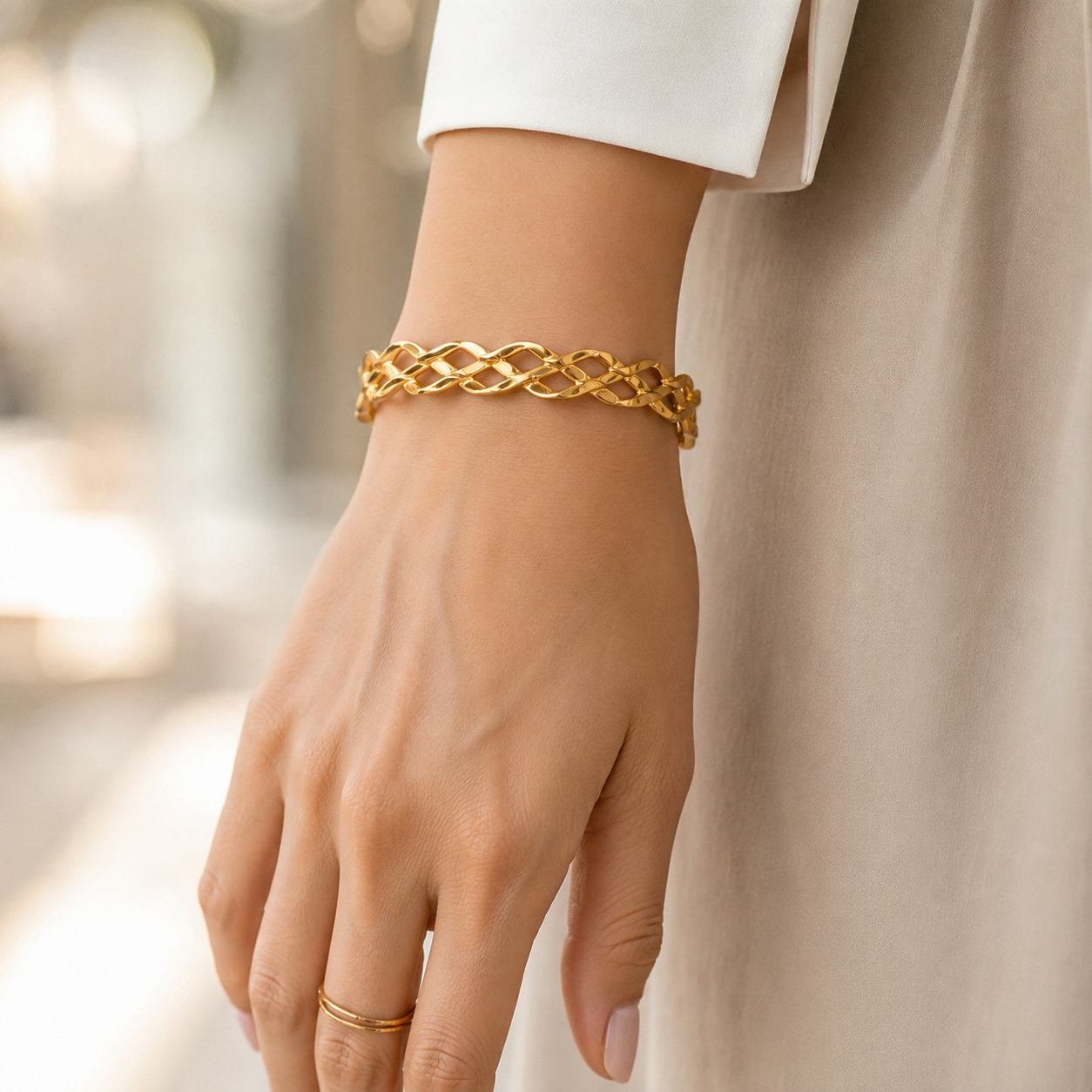18K Gold Plated Stainless Steel Woven Cuff Bracelet | Waterproof Minimalist Open Bangle Jewelry
