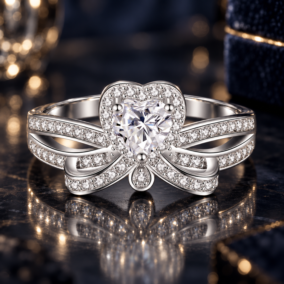 925 Sterling Silver Heart Cut Cubic Zirconia Bow Ring for Women – Elegant Promise Engagement Ring