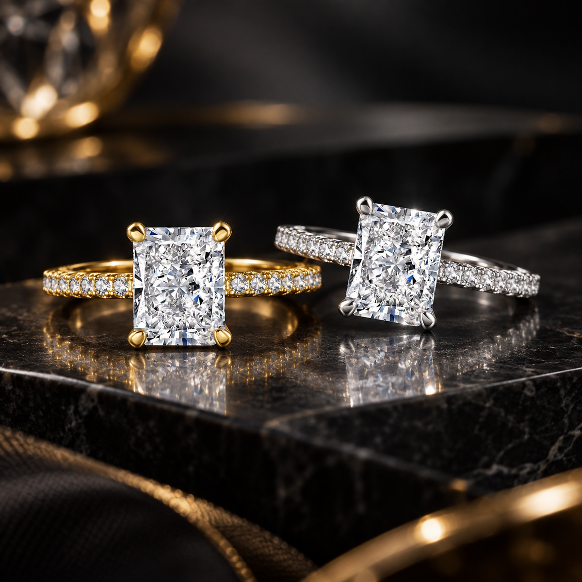 925 Sterling Silver Radiant Cut Cubic Zirconia Ring for Women – Gold & Silver Pavé Band