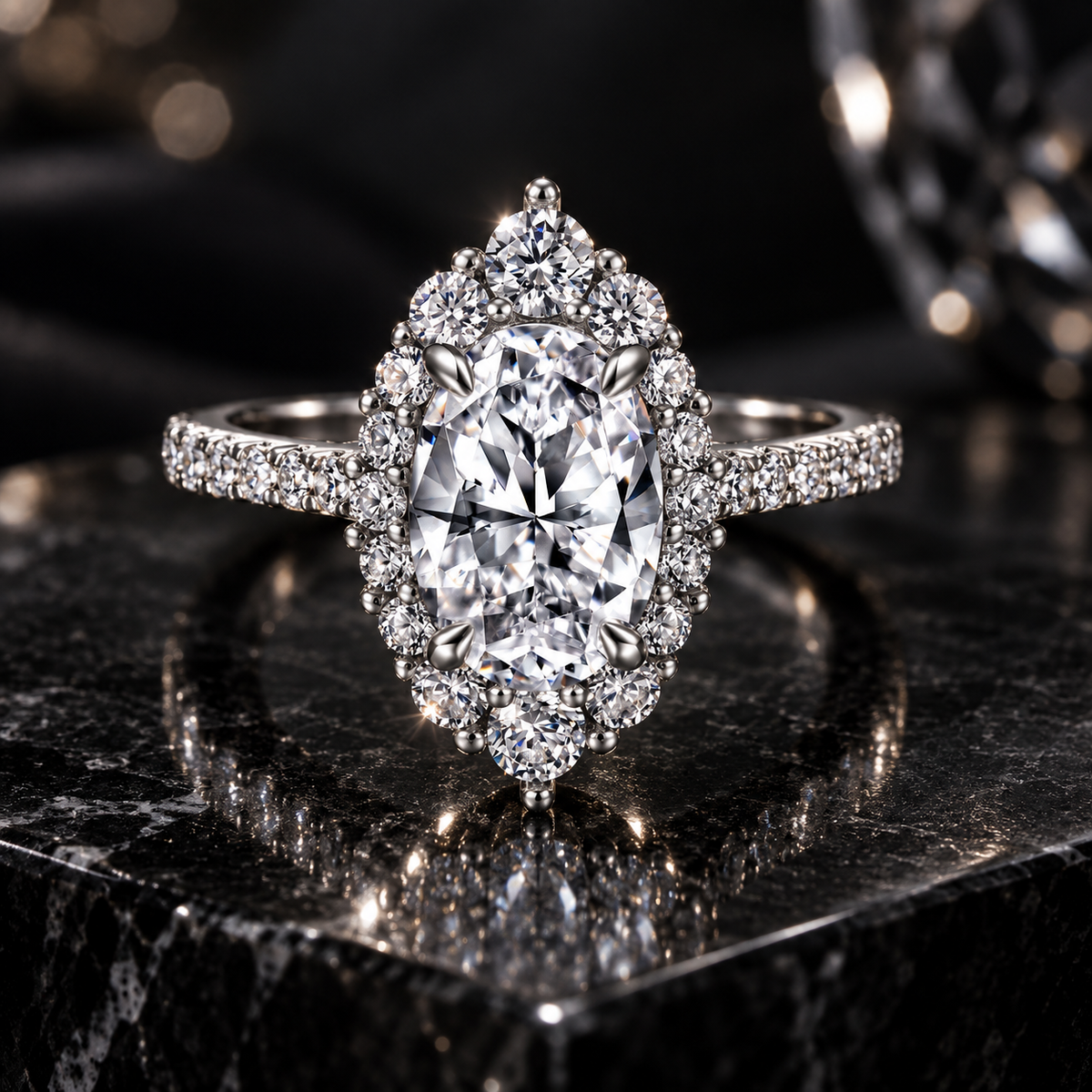 925 Sterling Silver Oval Cut Cubic Zirconia Halo Ring for Women – Vintage Inspired Pavé Engagement Ring