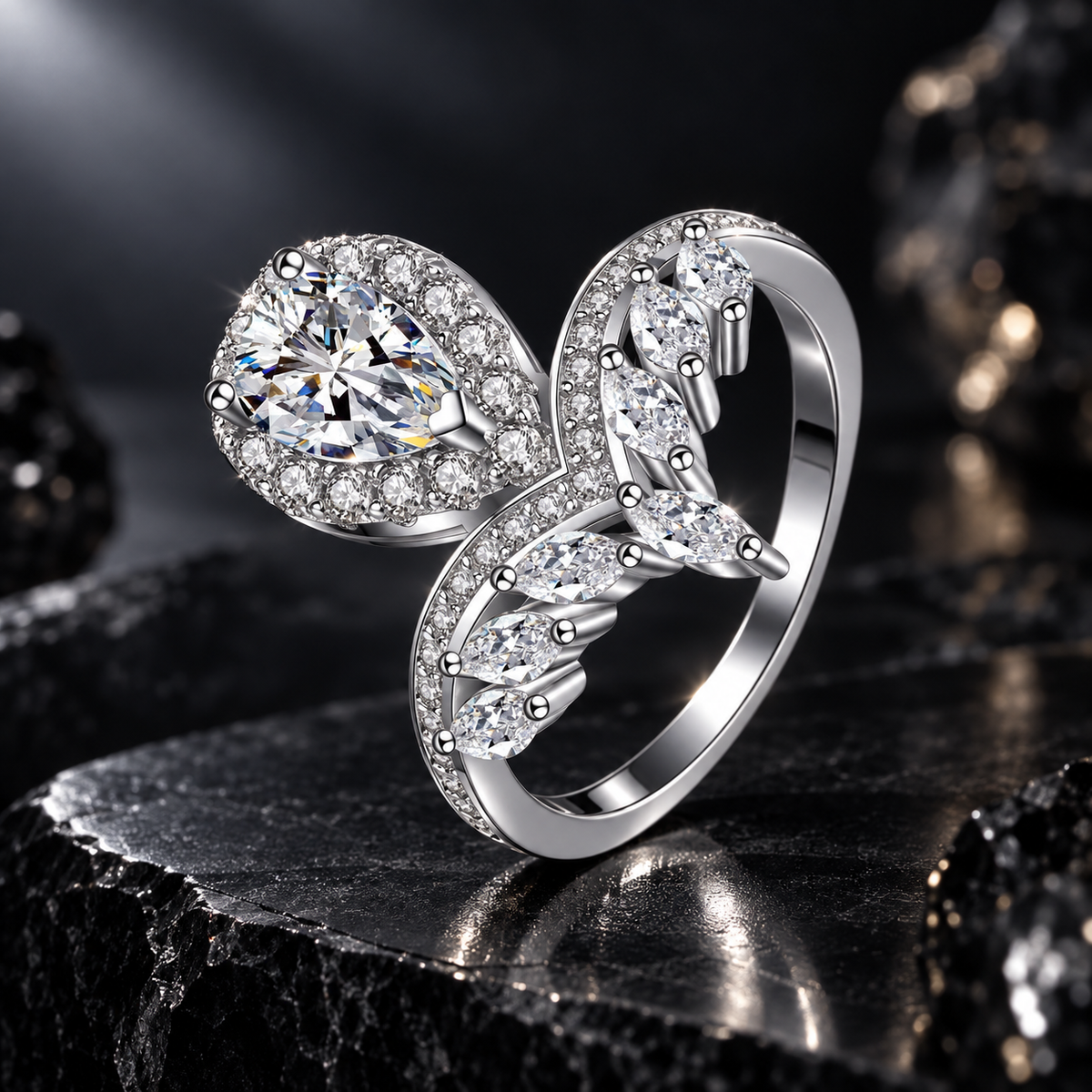 925 Sterling Silver Pear Cut CZ Tiara Crown Ring for Women – Halo Pavé Statement Engagement Ring