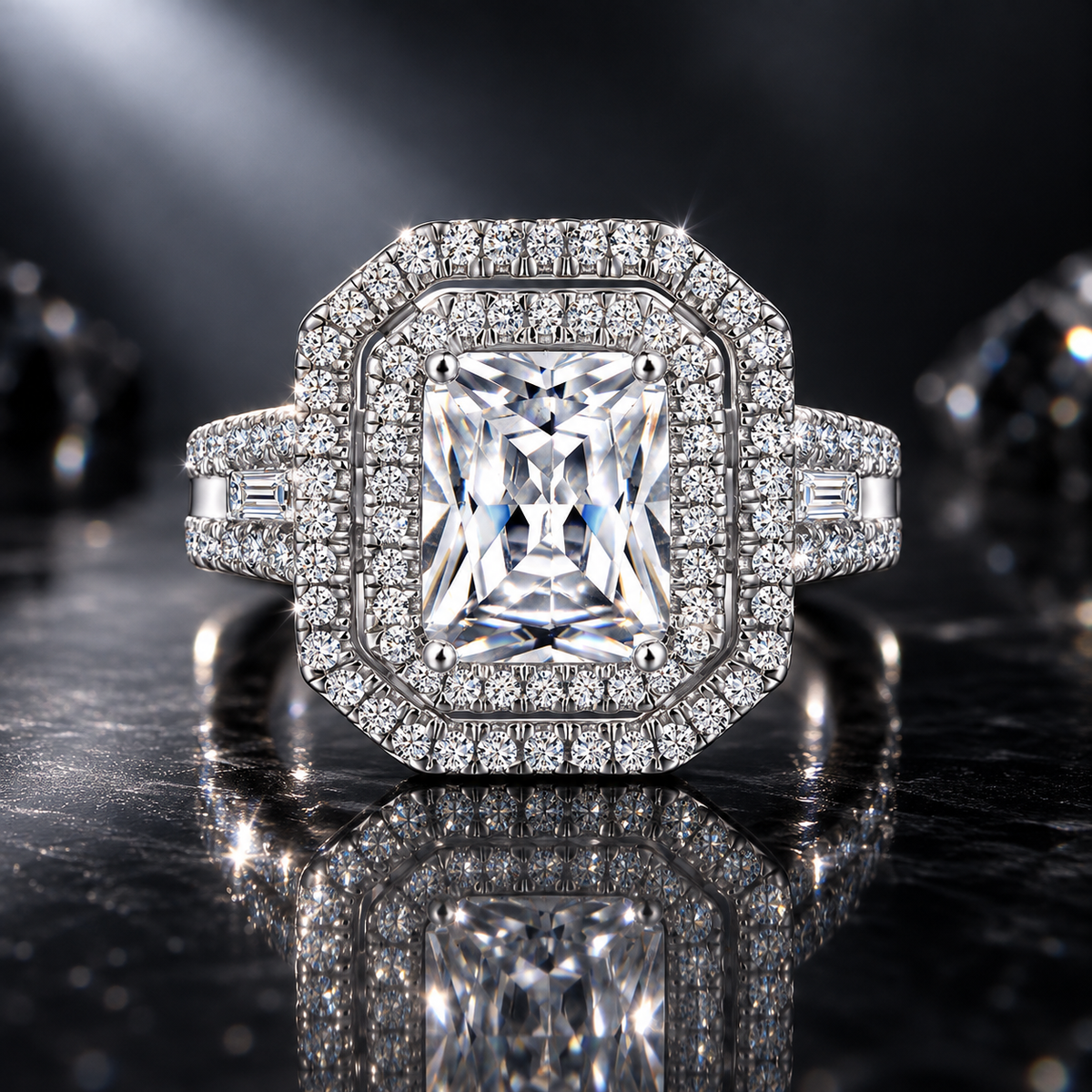 925 Sterling Silver Double Halo CZ Engagement Ring for Women – Baguette Side Stones & Pavé Band