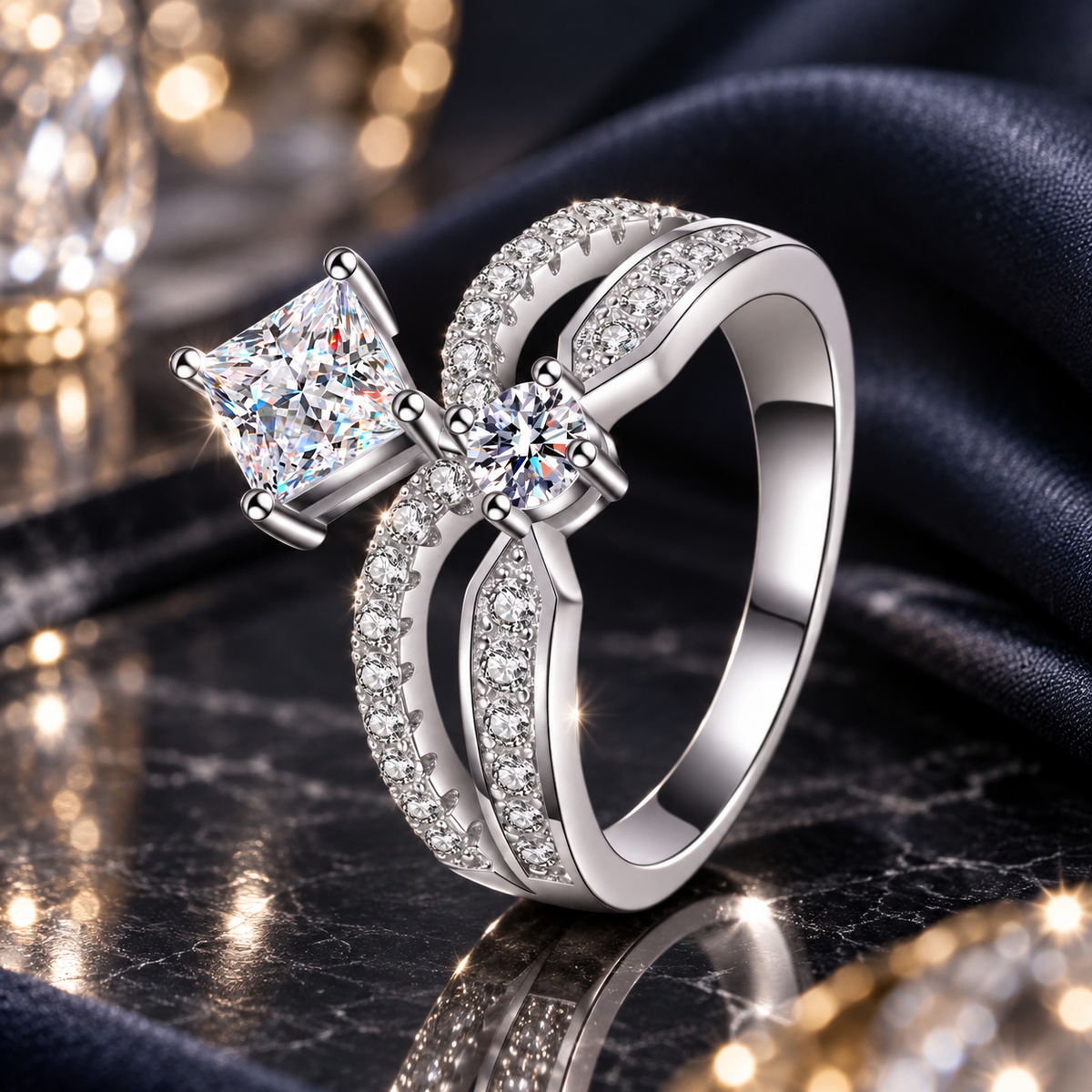 925 Sterling Silver Princess Cut & Round CZ Bridal Ring Set for Women – Two-Piece Wedding & Engagement Rings