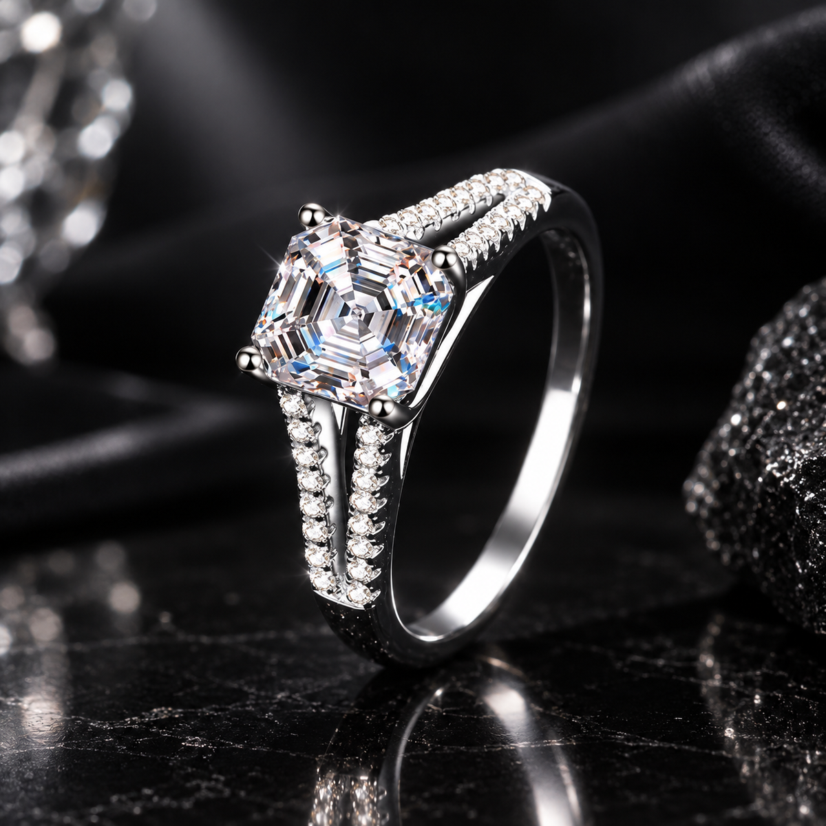 925 Sterling Silver Asscher Cut Cubic Zirconia Engagement Ring for Women – Split Shank CZ Promise Ring