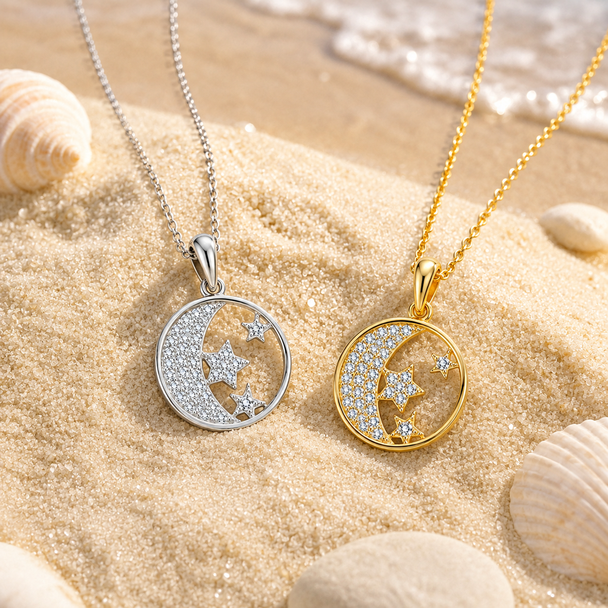 925 Sterling Silver Celestial Moon & Star Cubic Zirconia Pendant Necklace for Women