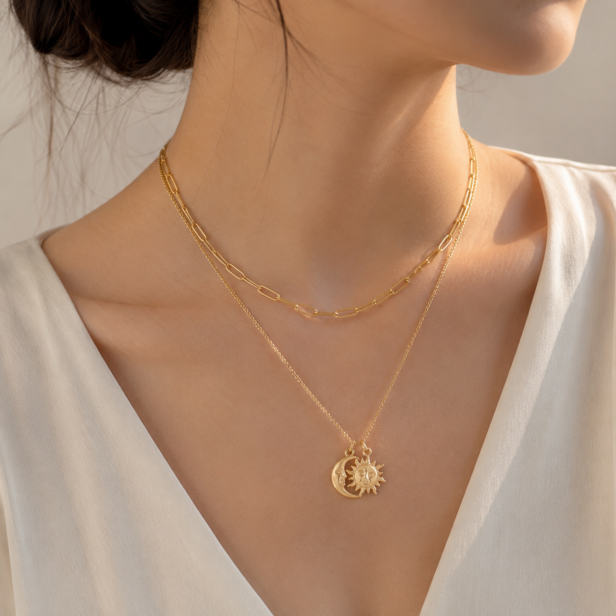 Stainless Steel 18K Gold-Plated Moon&Sun Stack Necklaces