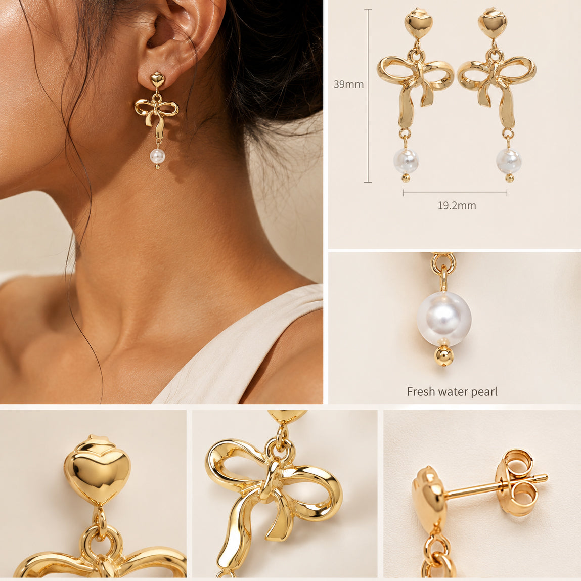 Stainless Steel 18K Gold-Plated Bow-Knot Shell Pearl Earrings