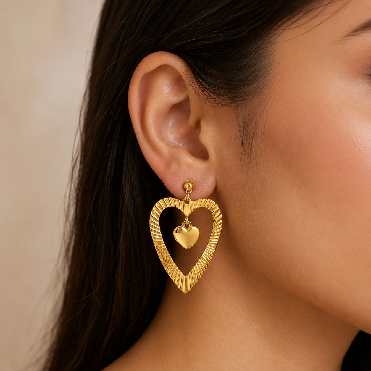Stainless Steel 18K Gold Plating Heart in Heart Drop Earring Waterproof and Hypoallergenic