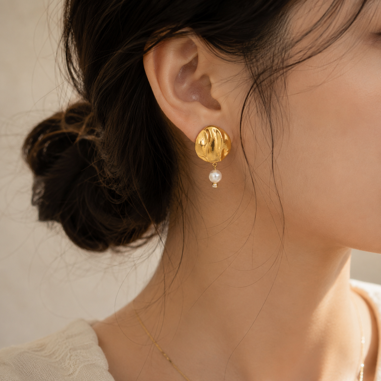 Women Jewelry Stainless Steel 18K Gold-Plated Textured Drop Earring Waterproof and Hypoallergenic