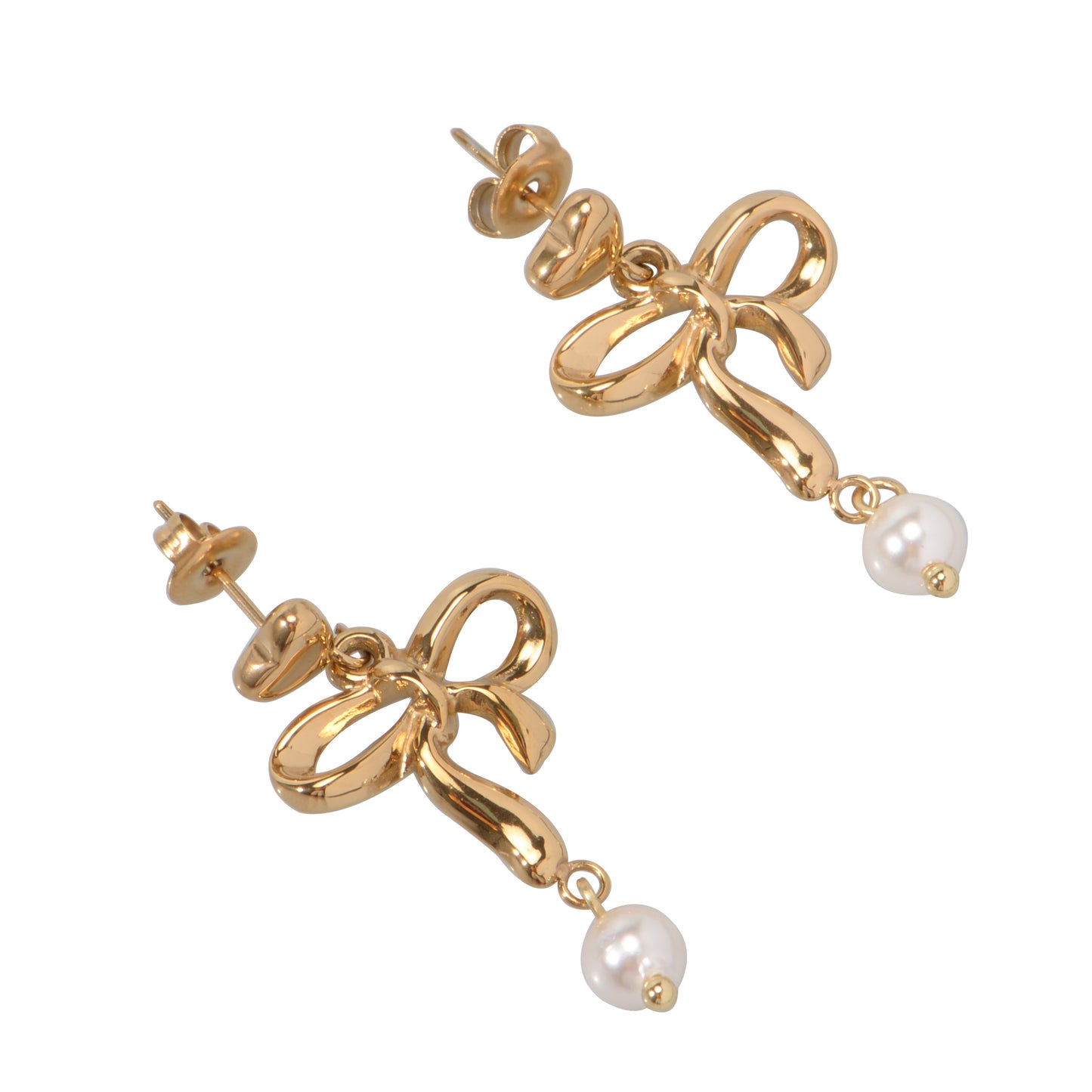 Stainless Steel 18K Gold-Plated Bow-Knot Shell Pearl Earrings
