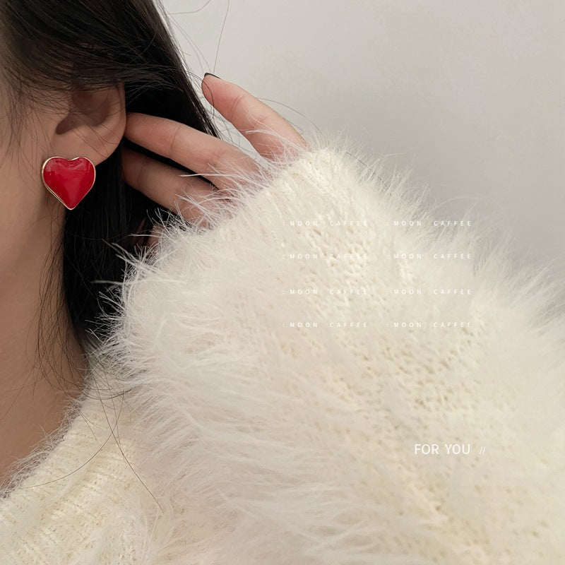 18K Gold Plated Stainless Steel Red Enamel Heart Stud Earrings for Women Waterproof and Hypoallergenic
