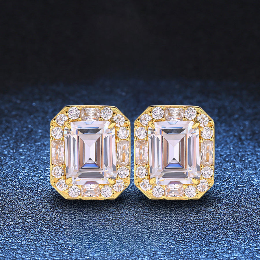 Elegant Emerald-Cut Zircon Stud Earrings with Gold Plating
