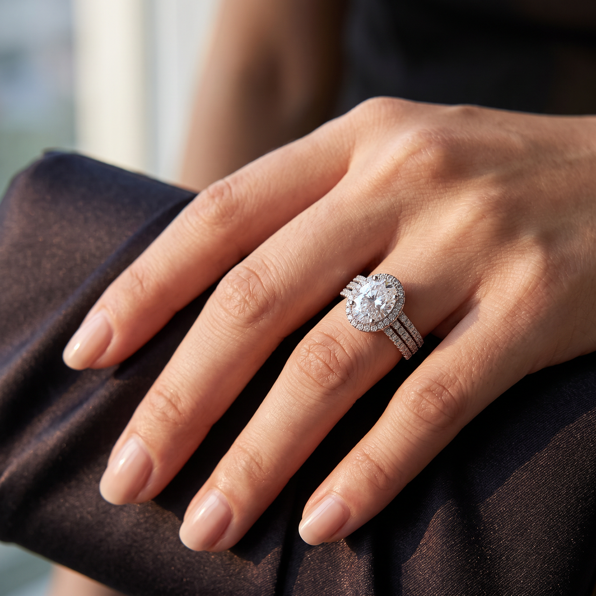 925 Sterling Silver Oval Cut Cubic Zirconia Halo Engagement Ring for Women – Classic Pavé Solitaire Style