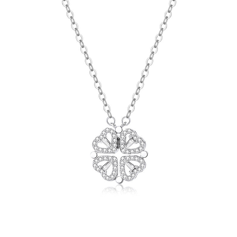 925 Sterling Silver 2-in-1 Four-Leaf Clover & Heart Necklace with Cubic Zirconia