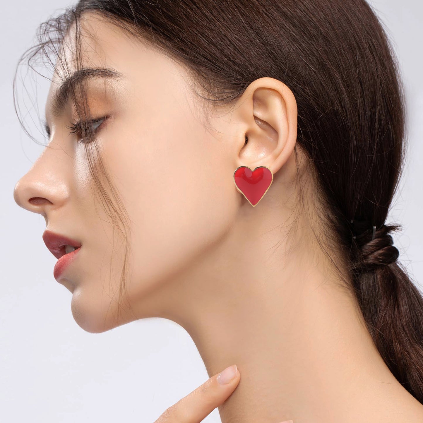 18K Gold Plated Stainless Steel Red Enamel Heart Stud Earrings for Women Waterproof and Hypoallergenic