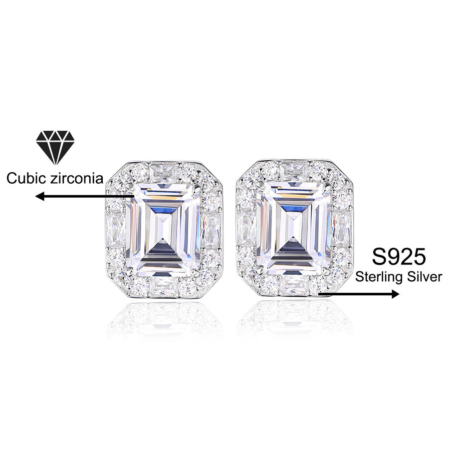 925 Sterling Silver Cubic Zirconia Square Stud Earrings (Unisex)