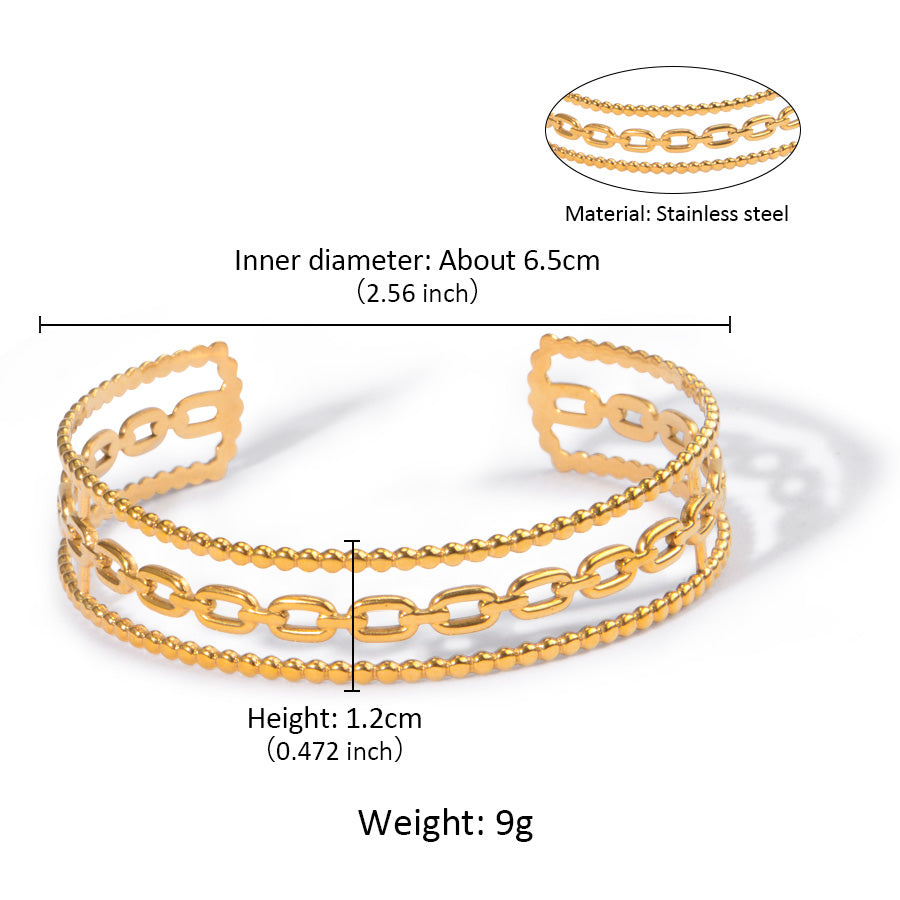 18K Gold Plated Layered Chain Cuff Bracelet | Waterproof Stainless Steel Bangle for Women