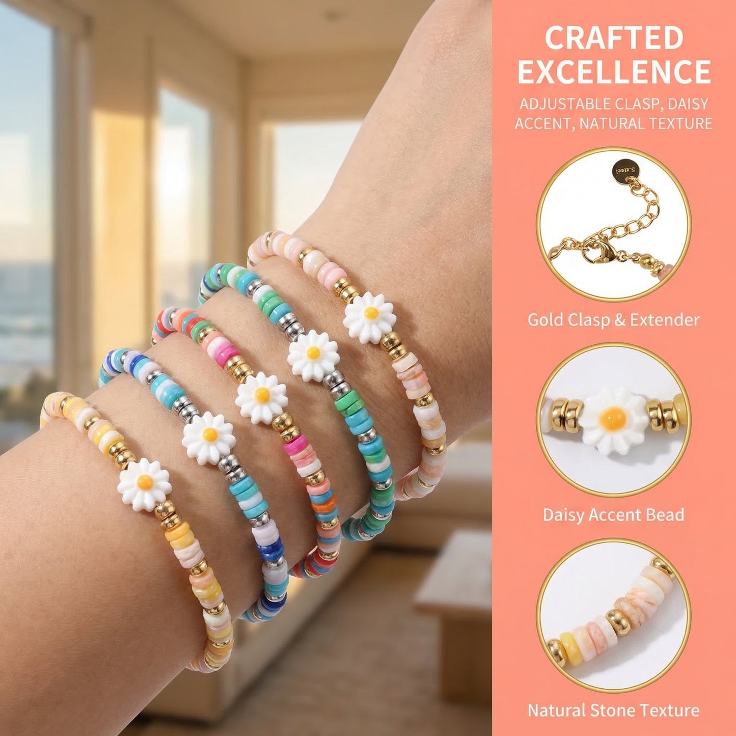 Natural Stone Beaded Bracelet for Women Handmade Beach Flower Bracelet Jewelry