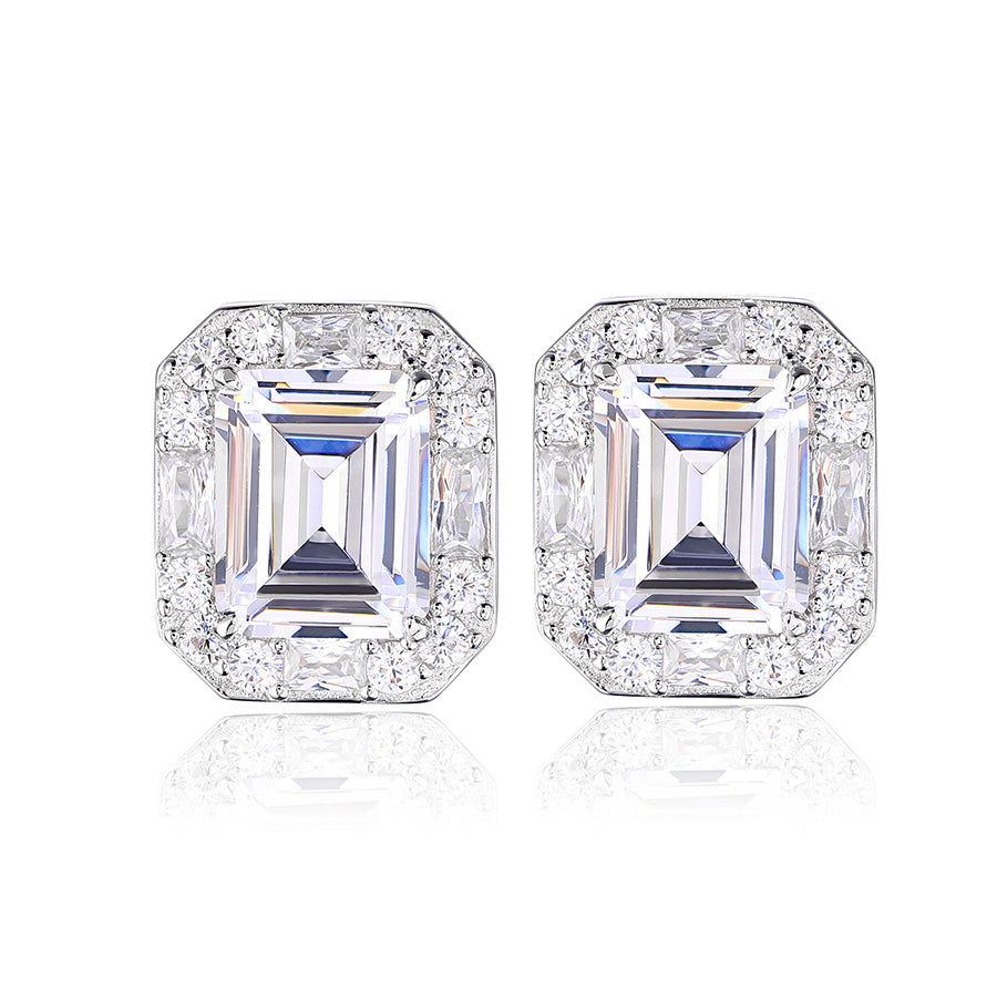 925 Sterling Silver Cubic Zirconia Square Stud Earrings (Unisex)