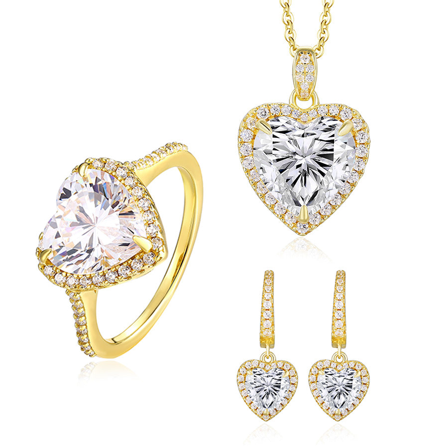 Luxury 3-Piece Heart Jewelry Set – 925 Sterling Silver Gold Plated Necklace, Ring & Earrings