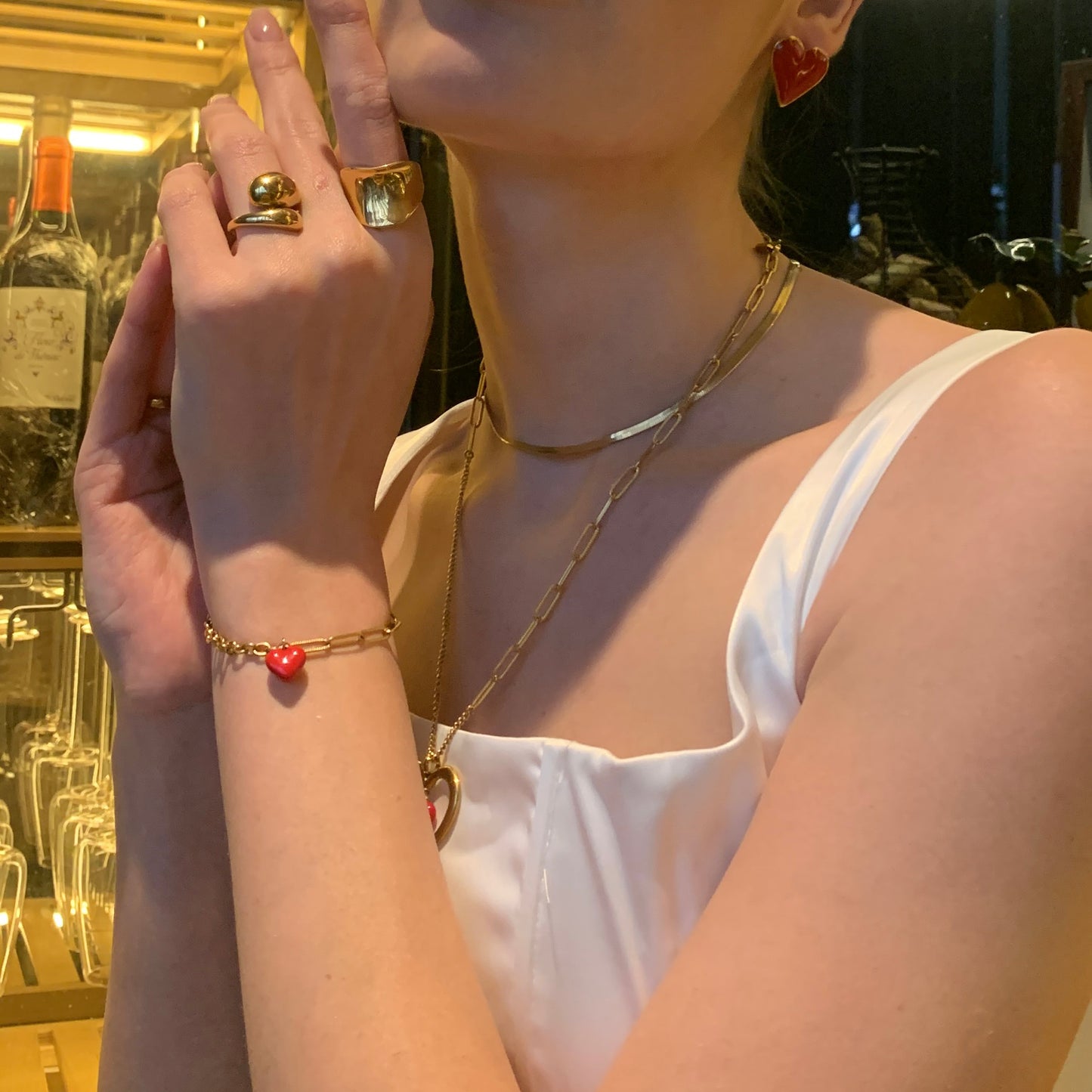 Stainless Steel 18K Gold-Plated Red Heart Bracelet