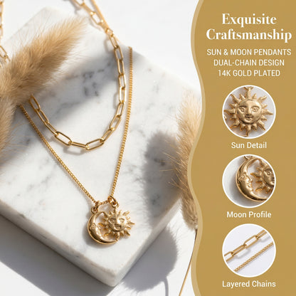Oudisijewelry 316L Stainless steel moon&sun stack necklaces