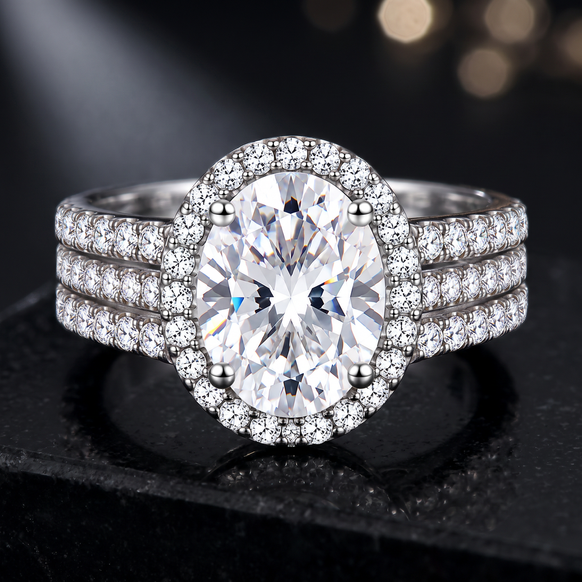 925 Sterling Silver Oval Cut Cubic Zirconia Halo Engagement Ring for Women – Classic Pavé Solitaire Style