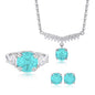 925 Sterling Silver Aqua Blue Cubic Zirconia Jewelry Set, Necklace Ring Stud Earrings for Women
