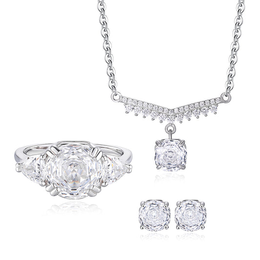 925 Sterling Silver White Zirconia Jewelry Set Necklace Ring Stud Earrings