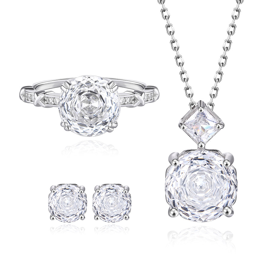 S925 Sterling Silver Rose Cut Cubic Zirconia Jewelry Set – Ring, Necklace & Stud Earrings