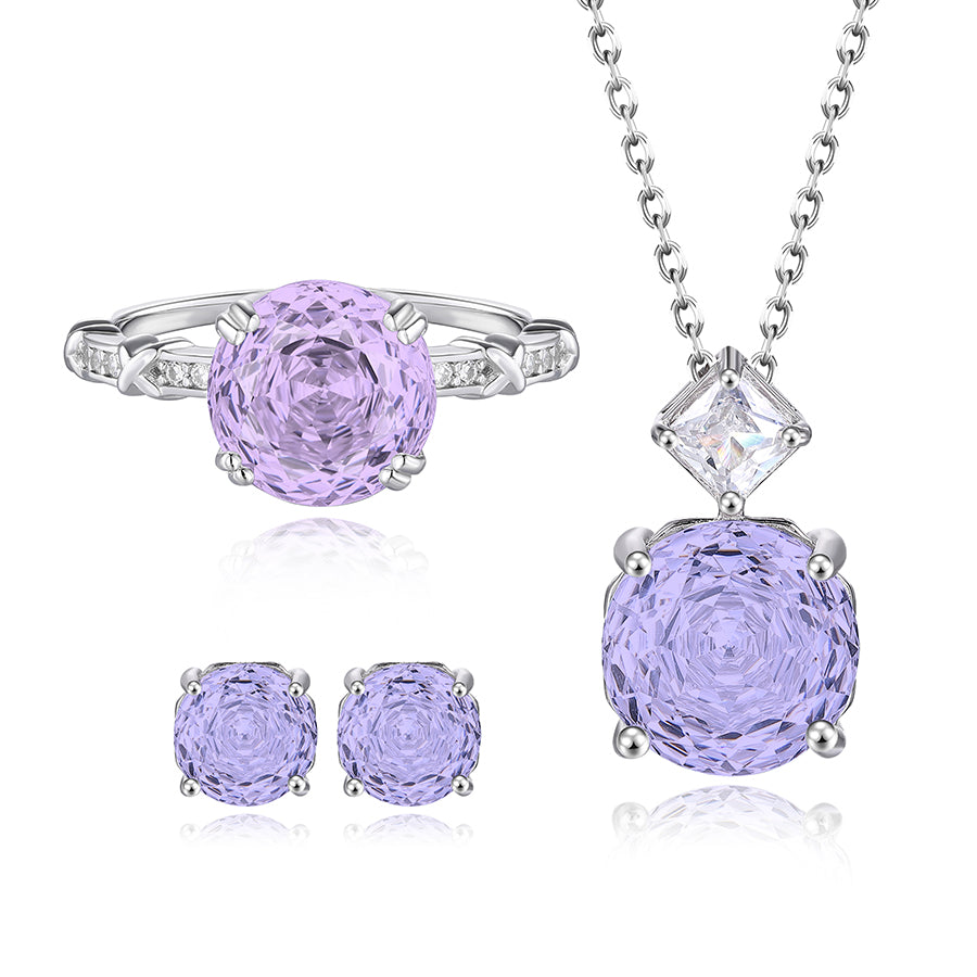 925 Sterling Silver Rose Cut Purple Zircon Jewelry Set – Round Gemstone Ring, Necklace & Earrings for Women