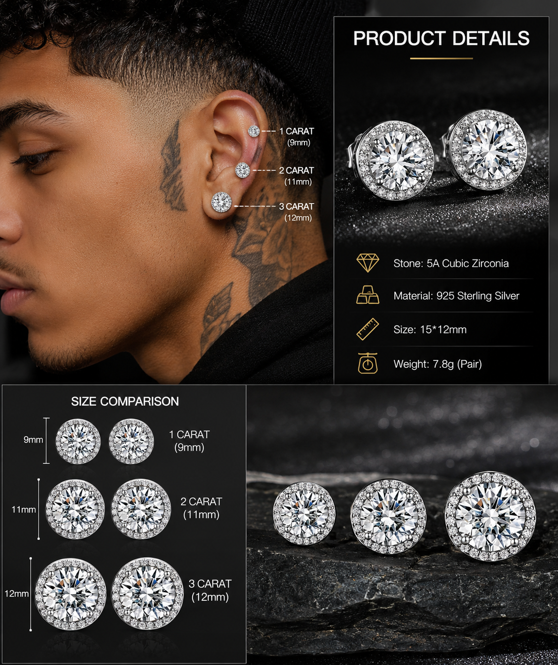 Classic 925 silver round cubic zirconia earrings, unisex style.