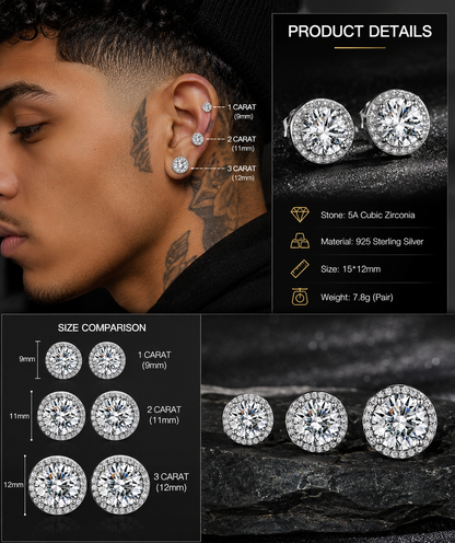 Classic 925 silver round cubic zirconia earrings, unisex style.
