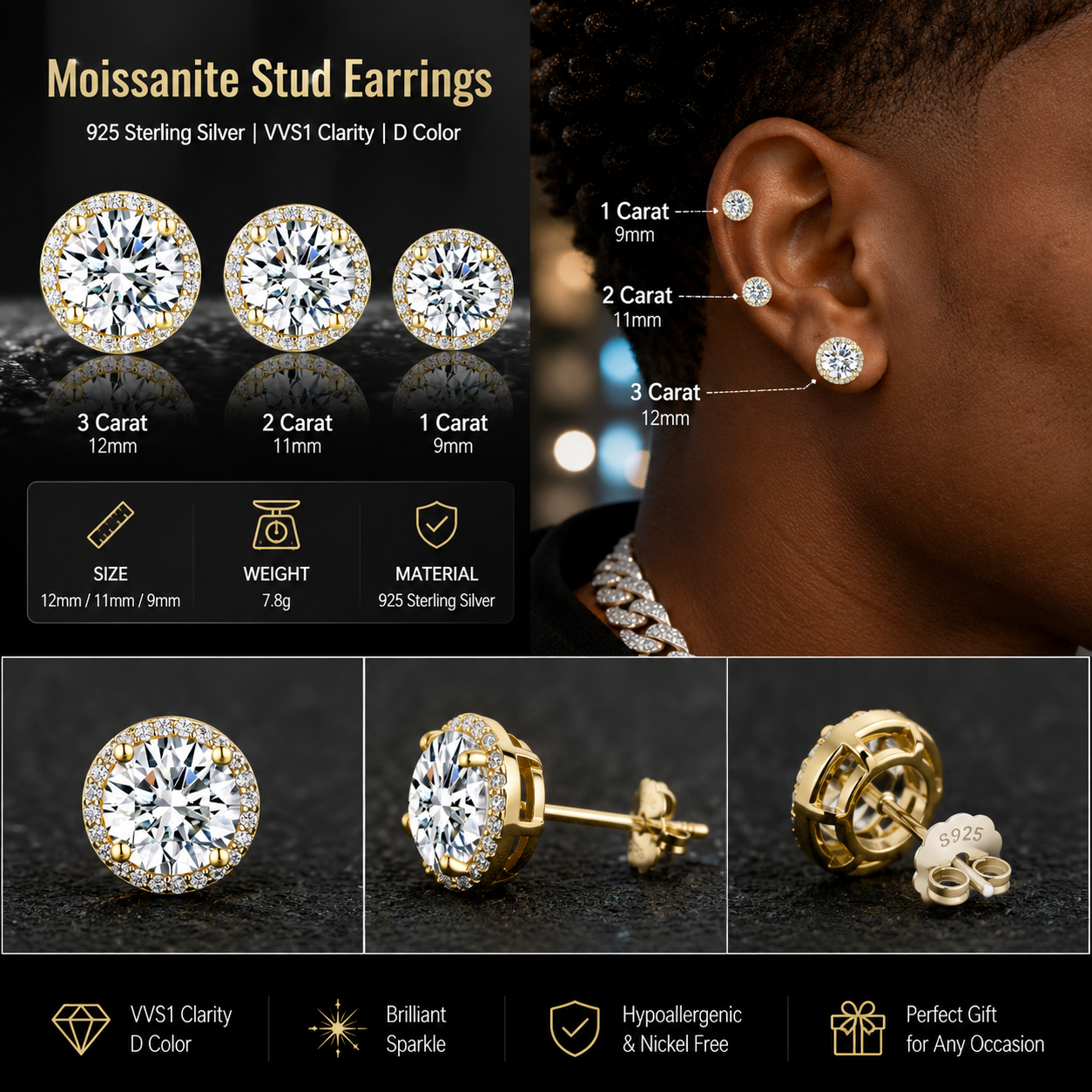 Classic 925 silver round cubic zirconia earrings, unisex style.