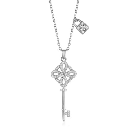 925 Sterling Silver Key Pendant Necklace Set with Zirconia For WomenJewelry