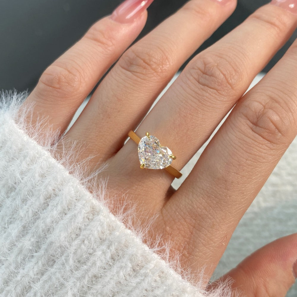 925 Sterling Silver Heart Cut Cubic Zirconia Solitaire Ring for Women – Gold Tone Promise Engagement Ring