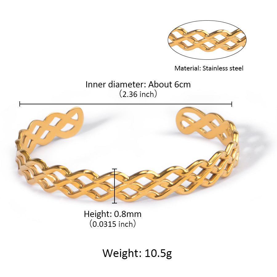 18K Gold Plated Stainless Steel Woven Cuff Bracelet | Waterproof Minimalist Open Bangle Jewelry