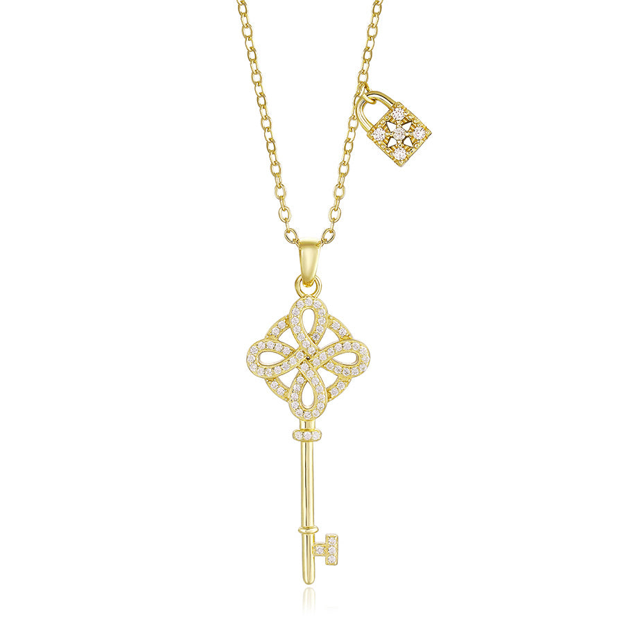 925 Sterling Silver Key Pendant Necklace Set with Zirconia For WomenJewelry
