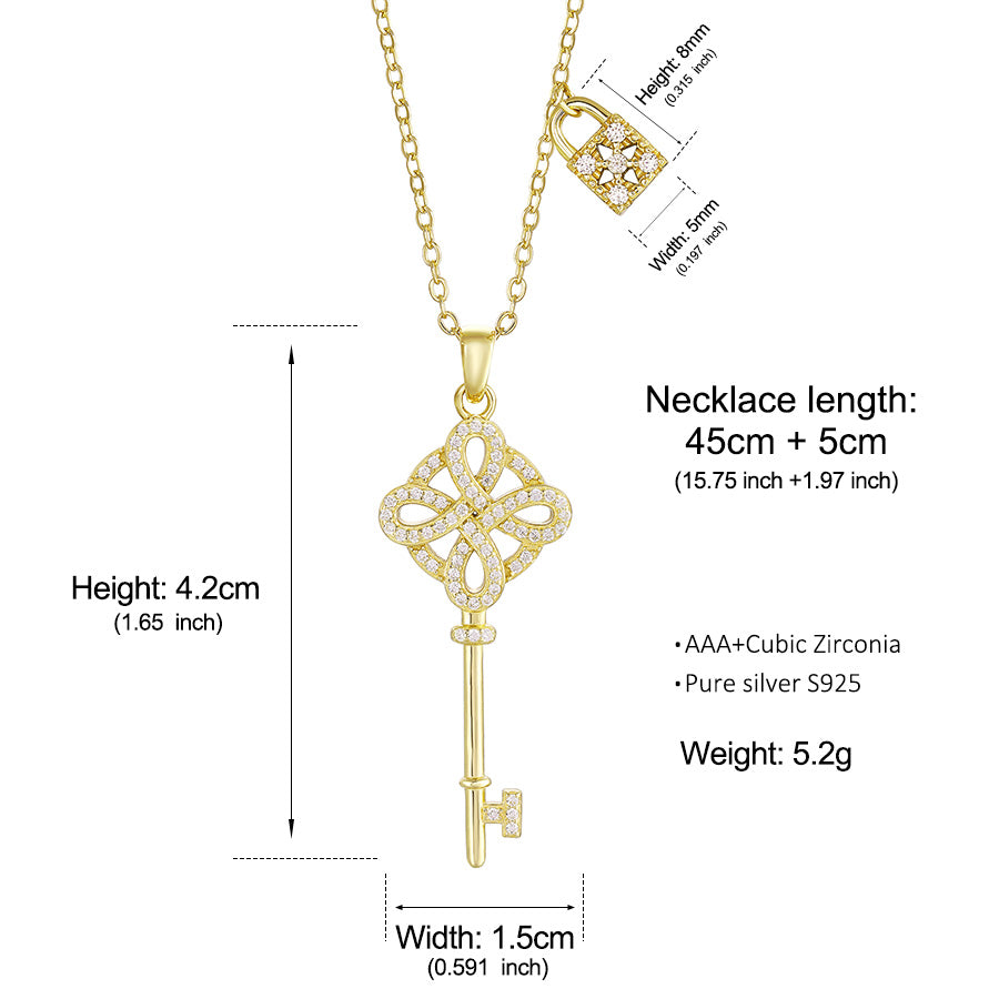 925 Sterling Silver Key Pendant Necklace Set with Zirconia For WomenJewelry