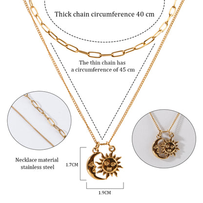 Oudisijewelry 316L Stainless steel moon&sun stack necklaces