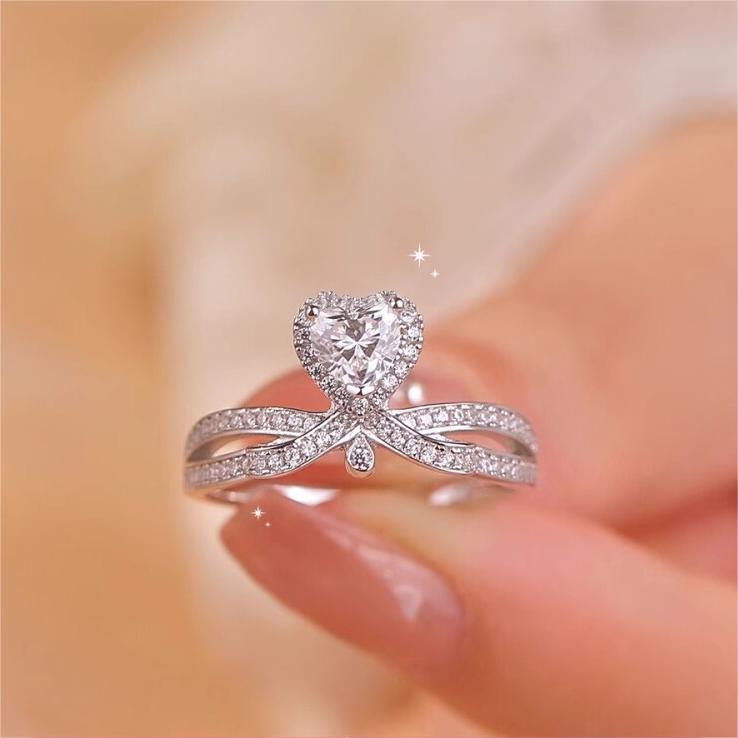 925 Sterling Silver Heart Cut Cubic Zirconia Bow Ring for Women – Elegant Promise Engagement Ring